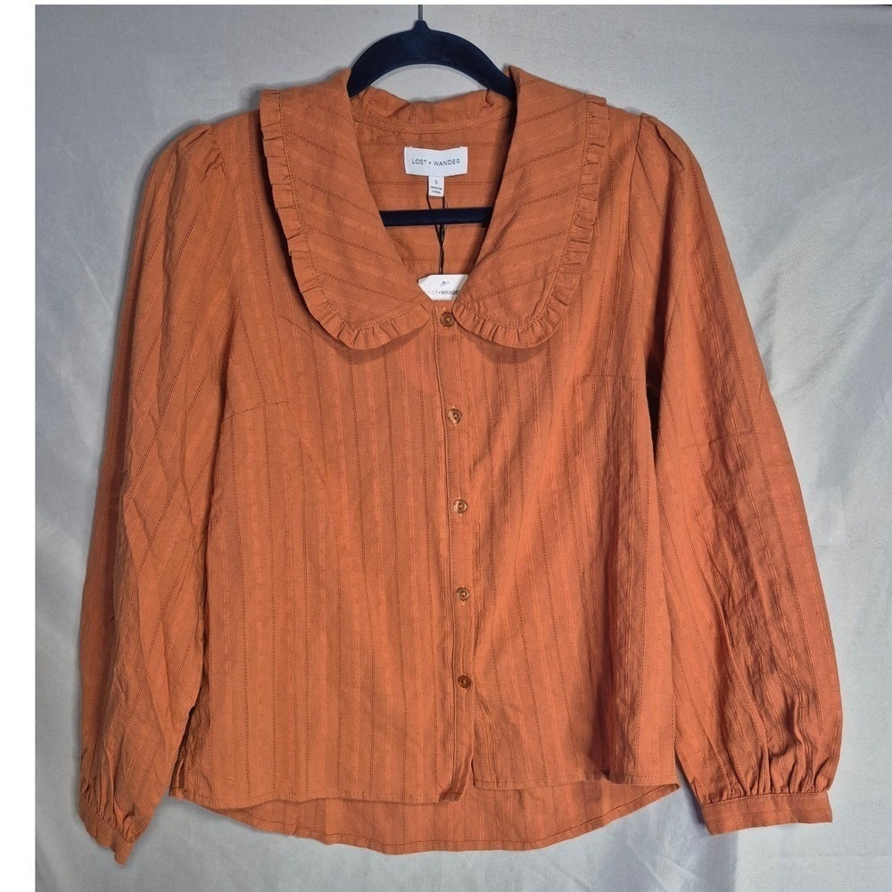 Lost + Wander Forever Yours Blouse Rust Ruffle Collar Long Sleeve Top